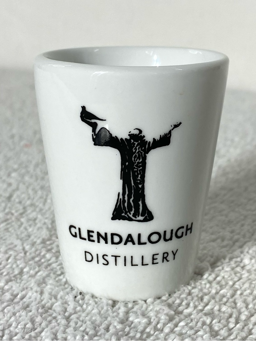5/$35 White Ceramic Glendalough Distillery Souvenir Shot Glass